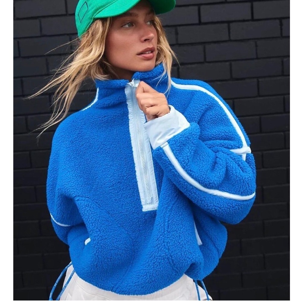 FP Movement Hit The Slopes Fleece Pullover Women M Blue Gorpcore Sherpa Jacket